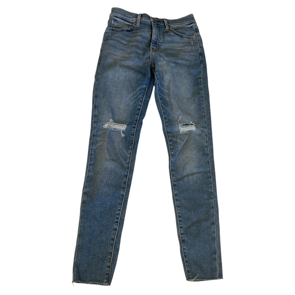 Levi’s 720 high rise super skinny medium wash distressed jeans raw hem